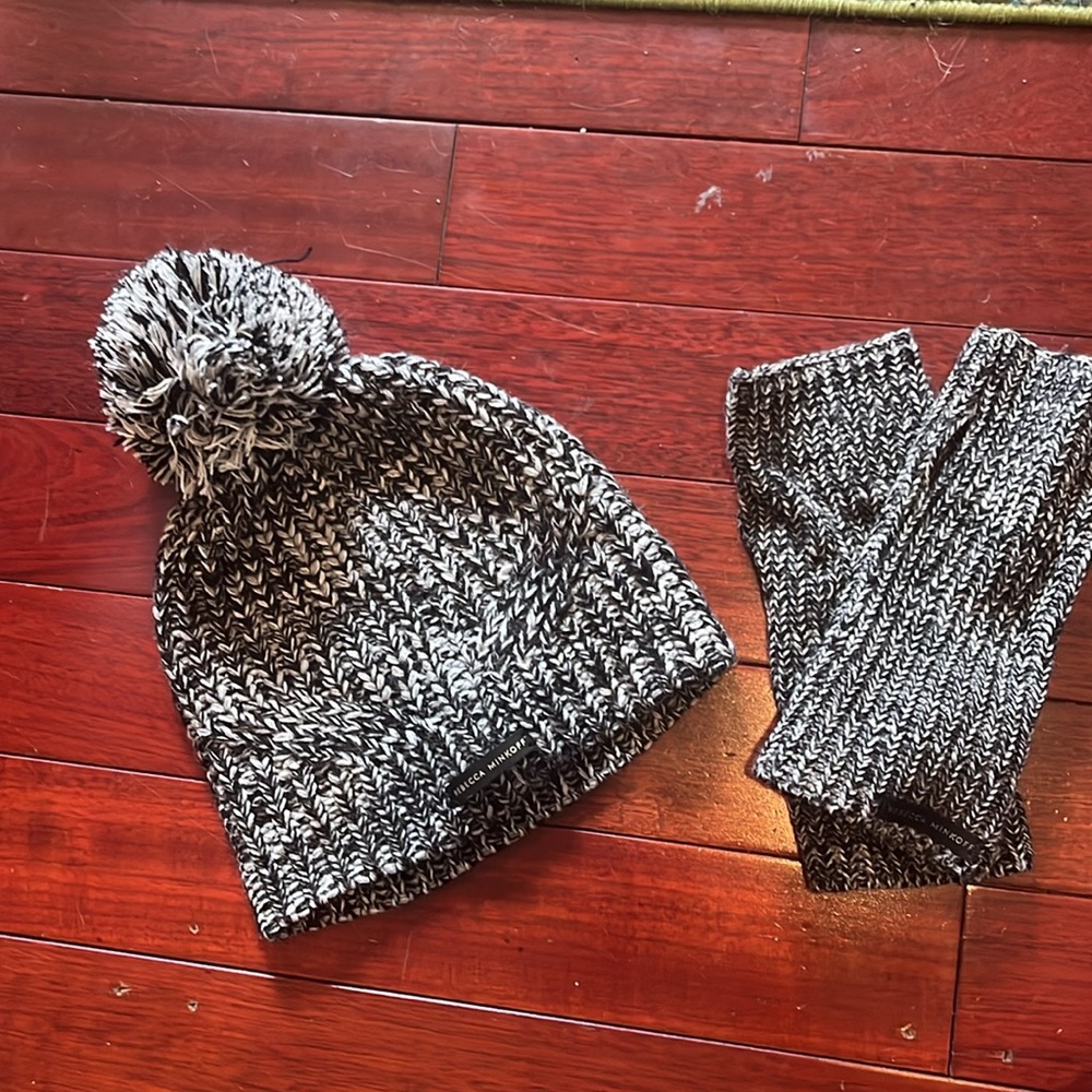 Rebecca Minkoff pom-pom beanie and arm warmer set
